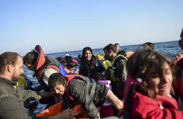 Refugees arrive on the Greek island of Lesbos