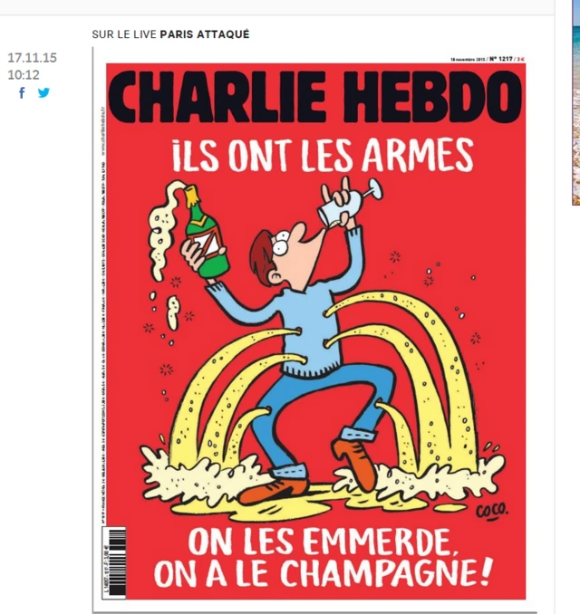 Front cover of Charlie Hebdo magazine, following Paris attacks (17 November 2015)