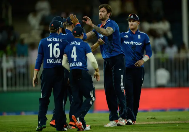 Reece Topley of England celebrates