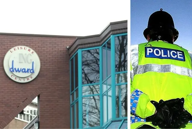 The Leisure Centre and a policeman in a composite image