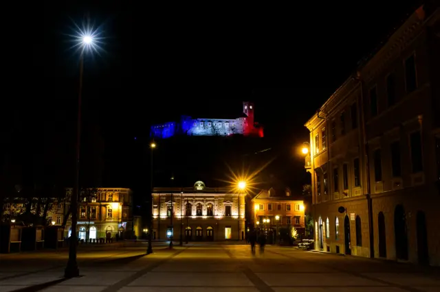 Ljubljana Castle in Slovenia shows support for France