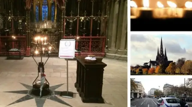 People have been paying tributes at a #PrayForParis candle lighting station at the cathedral