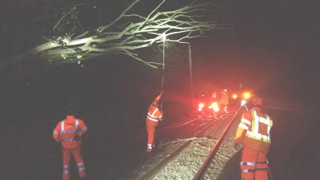 While storm winds brought a tree down onto overhead wires between Harpenden and St Albans which caught fire