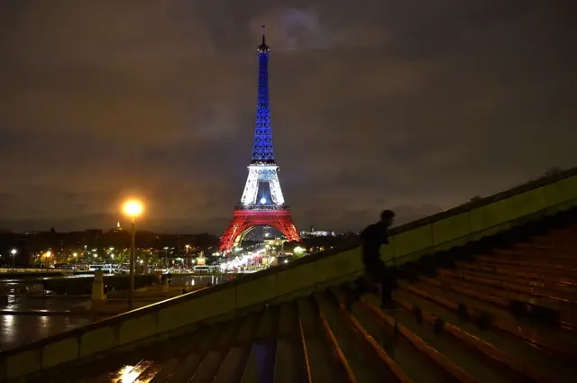 Eiffel Tower lit in blue, white and red