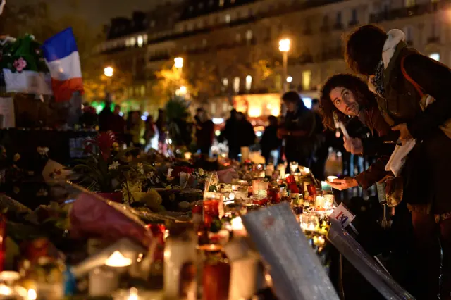 People lighting candles at Place de la Republique