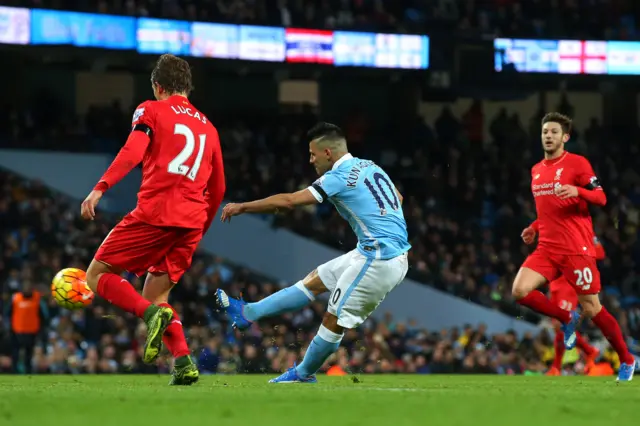 Sergio Aguero shoots to score for Manchester City