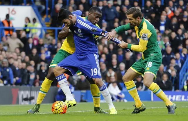 Diego Costa battles for the ball