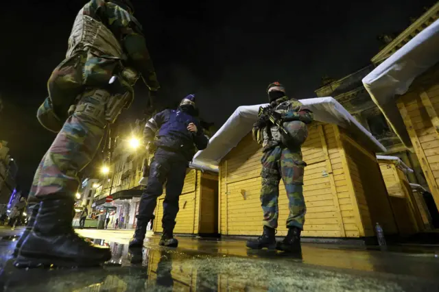 Belgian soldiers patrol in central Brussels