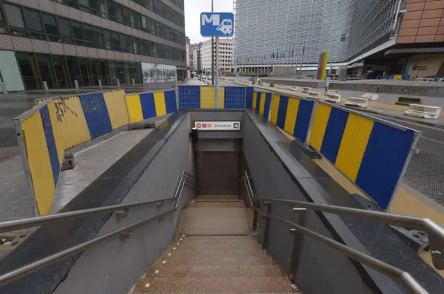 A closed entrance of the Shuman Subway Station in Brussels