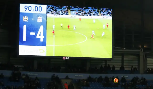 The scoreboard displaying a Liverpool victory at the Etihad Stadium