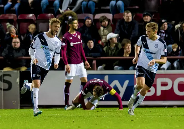 Rory Loy celebrates after scoring for Dundee against Hearts