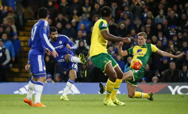 Diego Costa shoots to score Chelsea's first