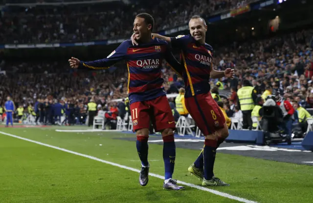 Neymar celebrates Barcelona's second goal