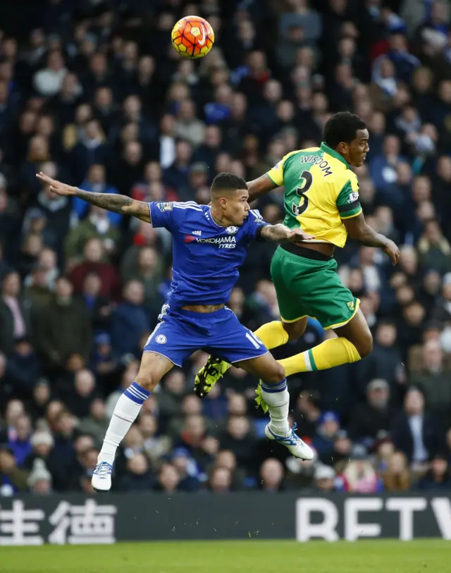 Kenedy and Wisdom vie for the ball