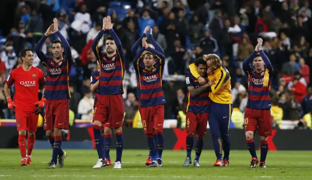 Barcelona players celebrate at full-time