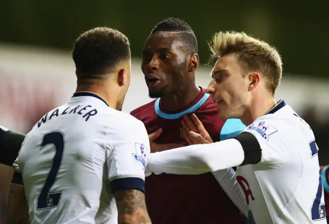 Diafra Sakho and Kyle Walker remonstrate on the pitch