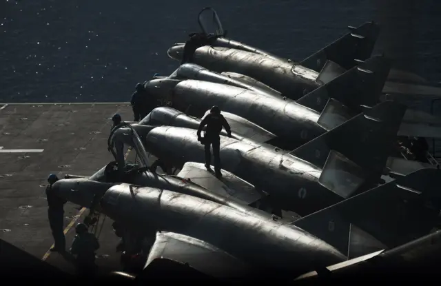 Super Etendard jet fighters on the Charles de Gaulle aircraft carrier, 22 November