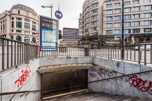 The closed entrance to the metro at the main train station in Brussels, 22 November