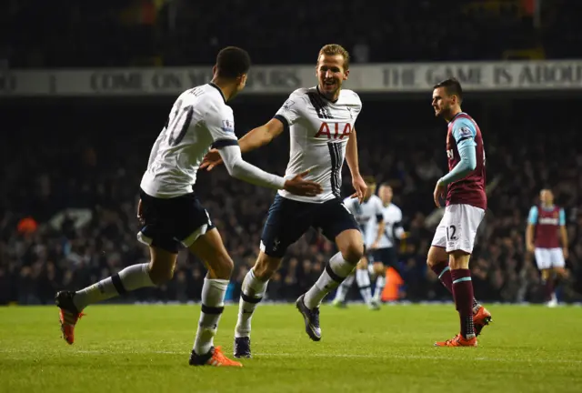 Harry Kane celebrates scoring against West Ham