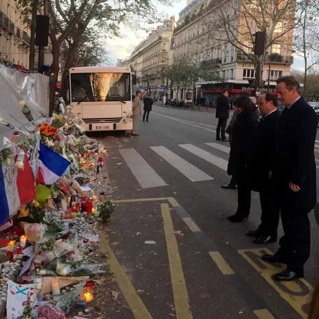 David Cameron and President Hollande outside the Bataclan theatre in Paris