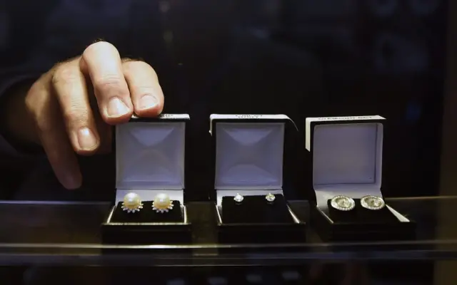 Jewels on display at the Hatton Garden Safe Deposit Ltd store in London