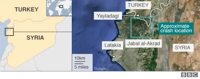 Map showing the crash site near Latakia