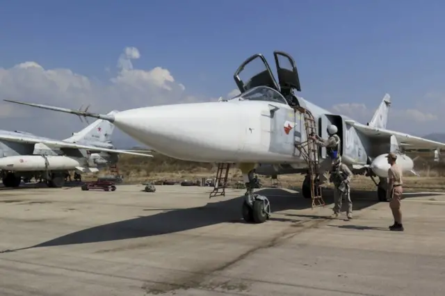 A Russian Sukhoi Su-24 jet on an airstrip