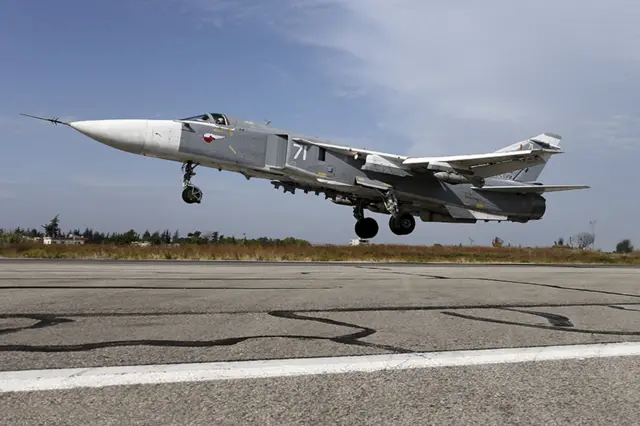 A Sukhoi Su-24 fighter jet takes off from the Hmeymim air base near Latakia, Syria,