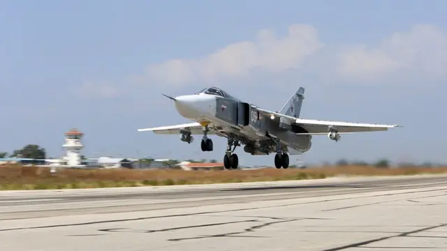 A file picture taken on October 3, 2015 shows a Russian Sukhoi Su-24 bomber taking off from the Hmeimim airbase in the Syrian province of Latakia