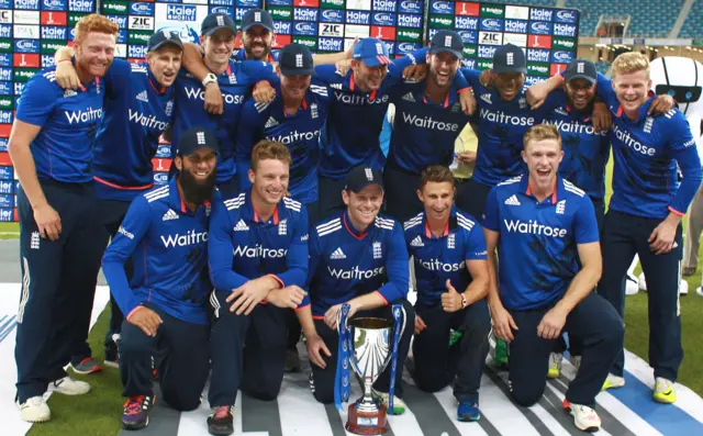 England's ODI team pose after winning the series against Pakistan