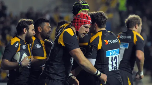 Wasps celebrate a try in the win against Toulon