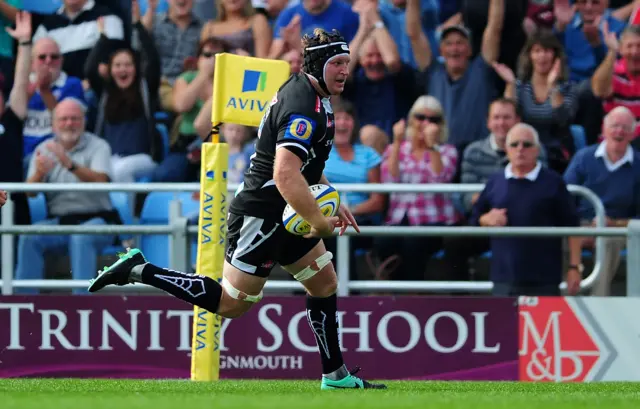 Thomas Waldrom scores for Exeter against Quins