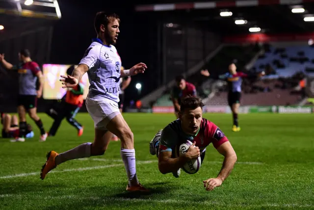 Danny Care touches down for Quins against Montpellier in Europe.