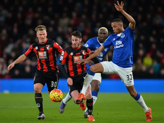 Bournemouth's Matt Ritchie and Adam Smith compete for the ball with Everton's Brendan Galloway