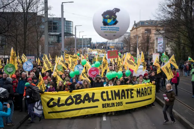 climate march in Berlin with flags and banners