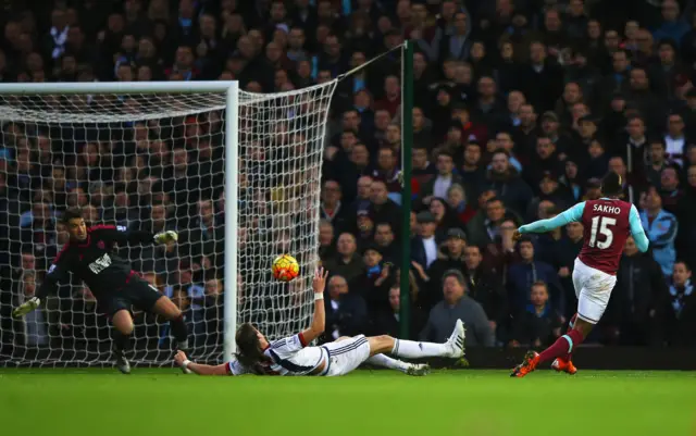 Diafra Sakho of West Ham United has his shot blocked by Jonas Olsson