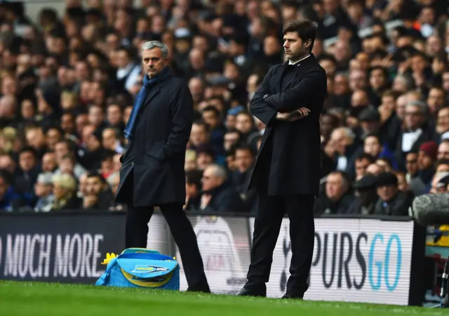 Jose Mourinho manager of Chelsea (L) and Mauricio Pochettino