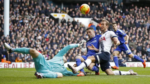 Gary Cahill and Asmir Begovic in action with Harry Kane