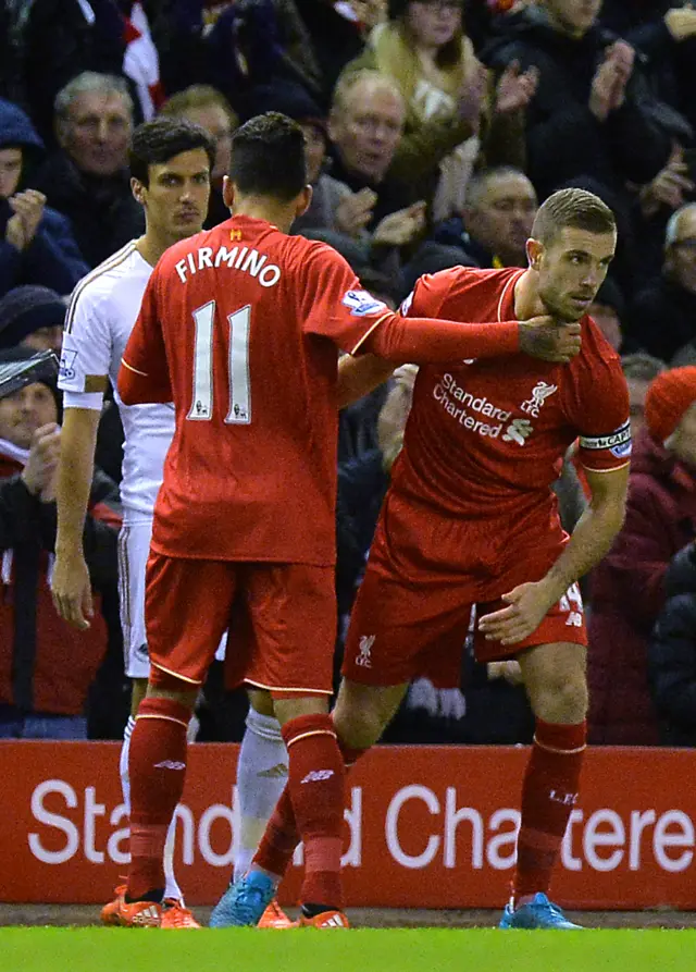 Jordan Henderson (right) comes on for Roberto Firmino