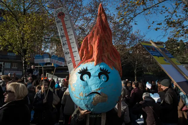 warming globe model at a protest in Switzerland