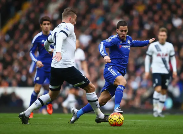 Eden Hazard of Chelsea takes on Toby Alderweireld