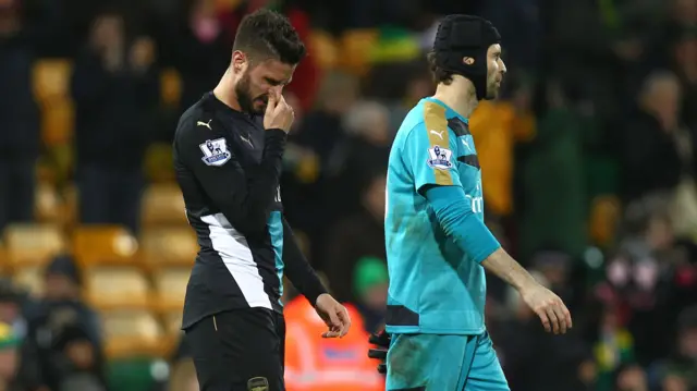 Arsenal players Olivier Giroud and Peter Cech look disappointed at full-time