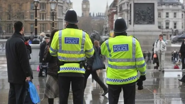 Two police officers on a busy square