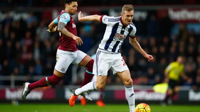 Darren Fletcher of West Bromwich Albion evades Mauro Zarate of West Ham United during the Barclays Premier League match between West Ham United and West Bromwich Albion at the Boleyn Ground on November 29