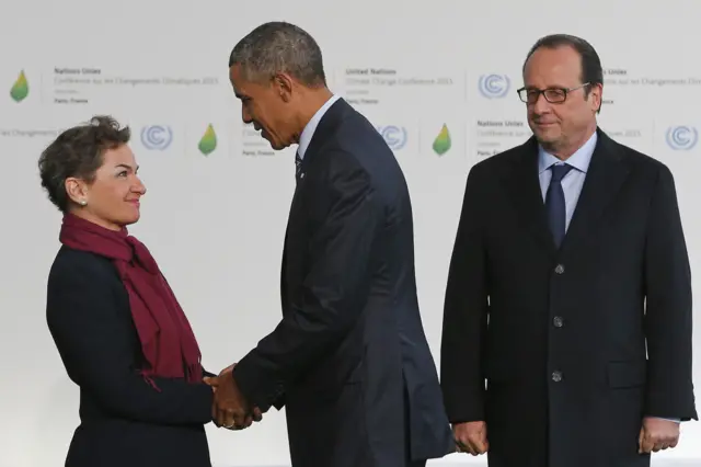 Christiana Figueres greeting Barack Obama