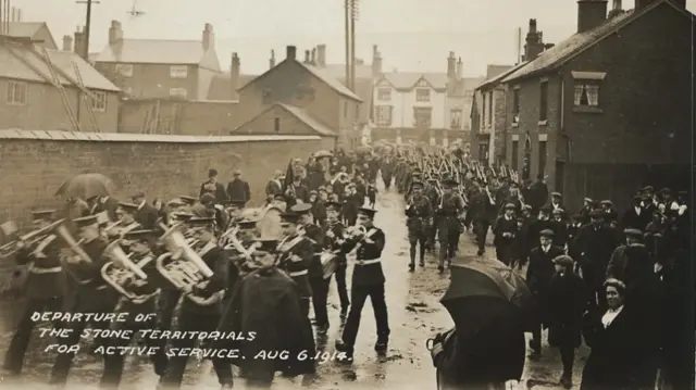 The Stone Territorials march through Stone on their way to active service in Europe in 1914