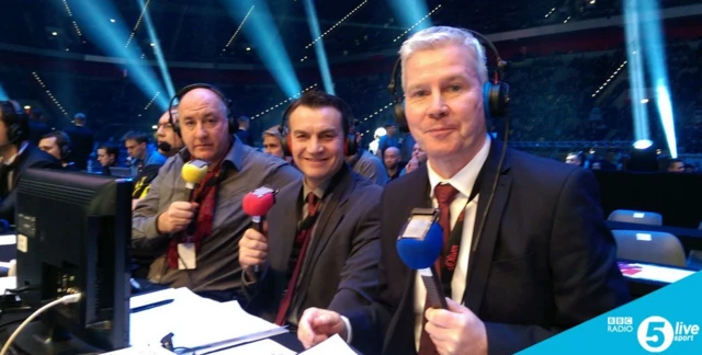 The 5 live commentary team of (L-R) Steve Bunce, Richie Woodhall and Mike Costello