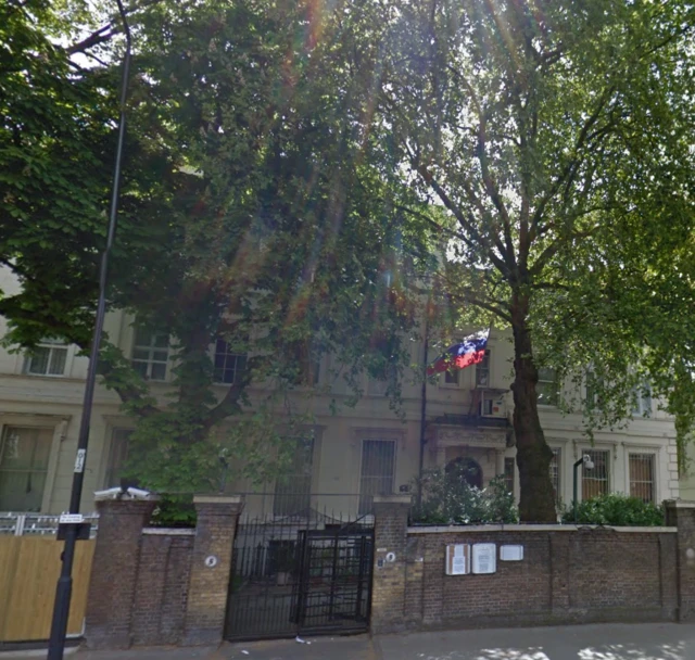 Outside of a Russian embassy building in London