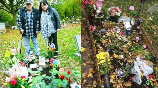 Distraught Brian and daughter Mina Moore overlook the refurbished grave