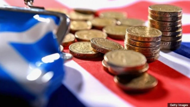 One pound coins on Scottish and UK flags